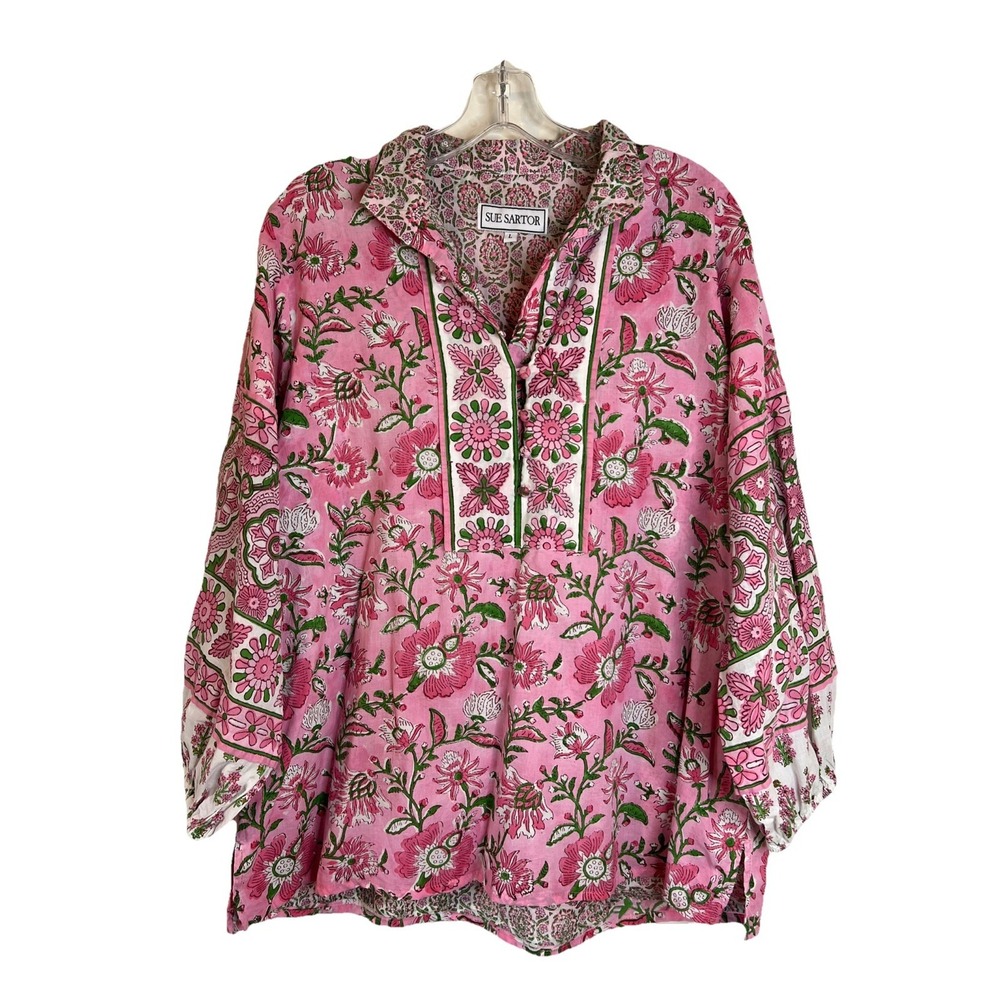 Sue Sartor Block Print Tunic Blouse L Pink Floral Balloon Sleeves Lined